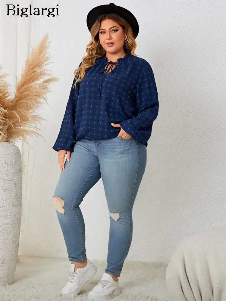 

Plus Size Autumn Winter V-Neck Pullover Tops Women Polka Dot Print Modis Ladies Blouses Casual Loose Long Sleeve Woman Tops 2023