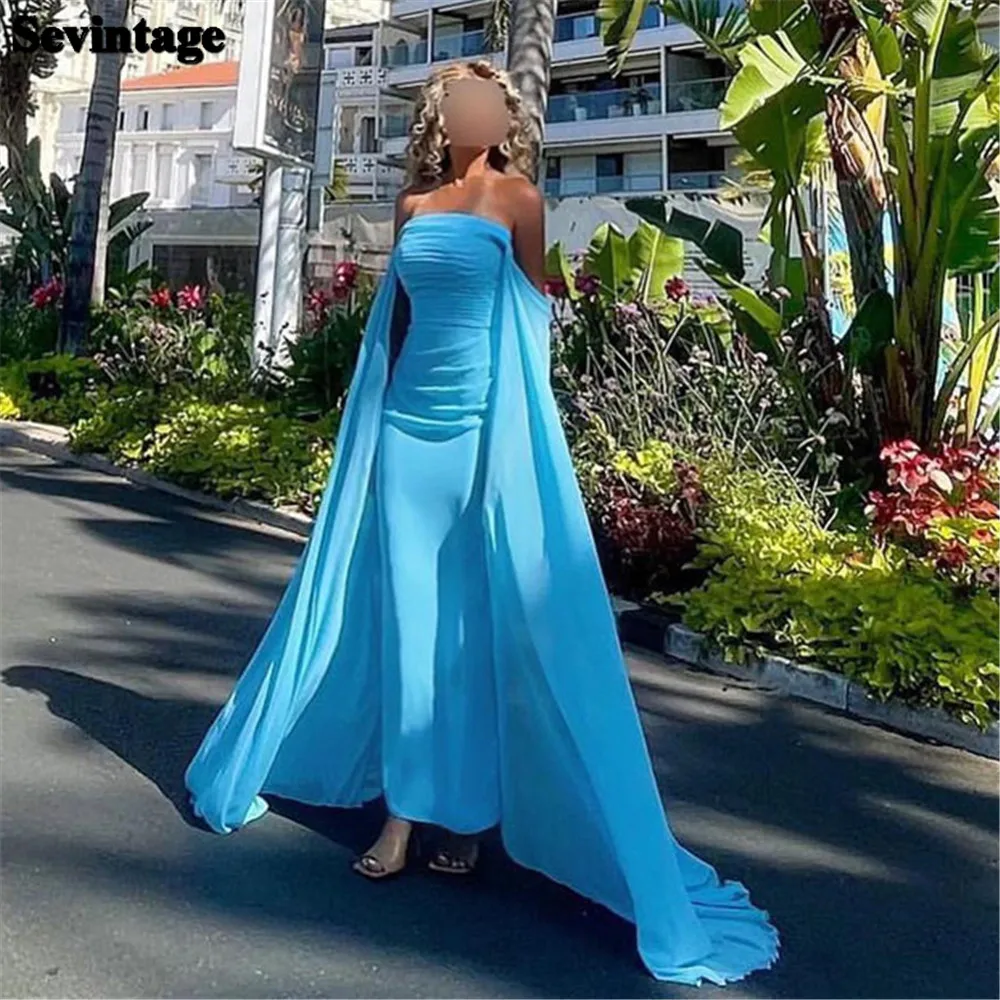 

Sevintage Blue Saudi Arabic Chiffon Prom Dresses Mermaid Strapless Cape Sleeves Pleats Formal Evening Gowns Women Specail Wear