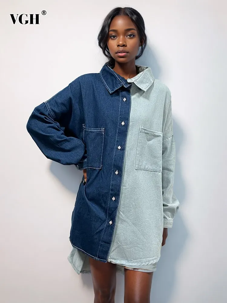 

VGH Patchwork Pockets Casual Denim Blouses For Women Lapel Long Sleeve Spliced Button Colorblock Minimalist Loose Shirts Female