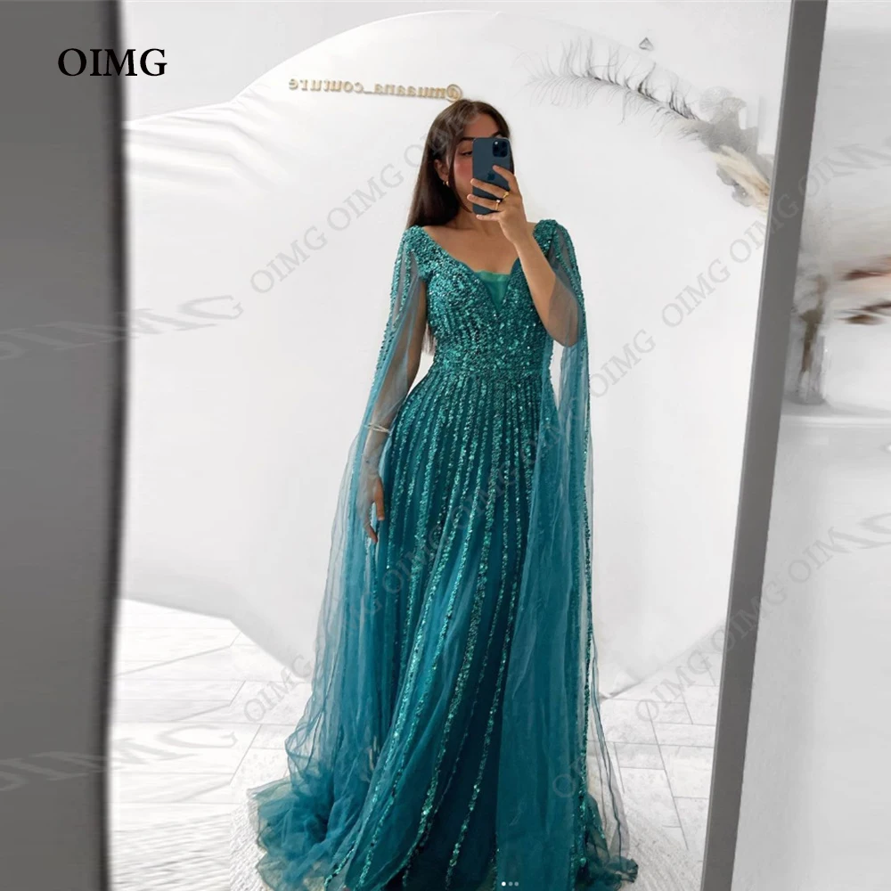 OIMG-Vestido de tule verde brilhante feminino, vestidos de noite longos, gola V brilhante, vestido de baile formal personalizado, vestidos de festa formais, Dubai, mulheres