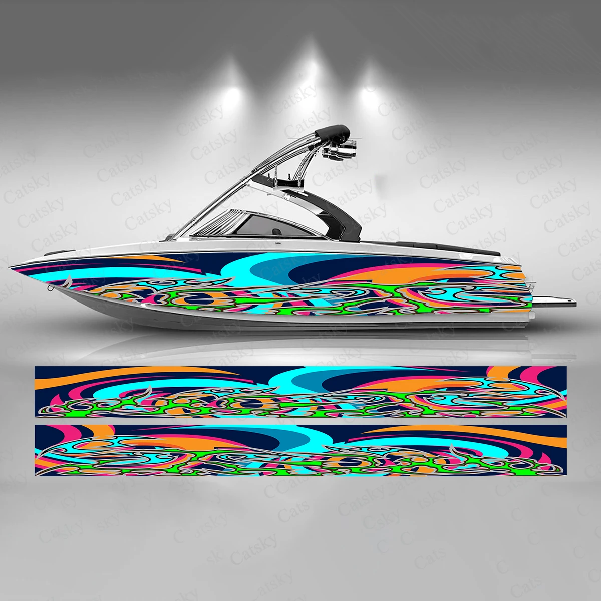 

Abstract Curve Colorful Boat Sticker Fashion Custom Fish Boat-Sticker Vinyl Waterproof Boat Wrap Graphic Boat Wrap Decal