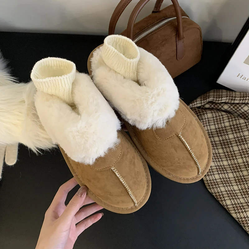 

2024 New Women Fur Slippers Ankle Boots Flats Platform Short Plush Warm Flip Flops Cotton Shoes Designer Brand Winter Snow Botas