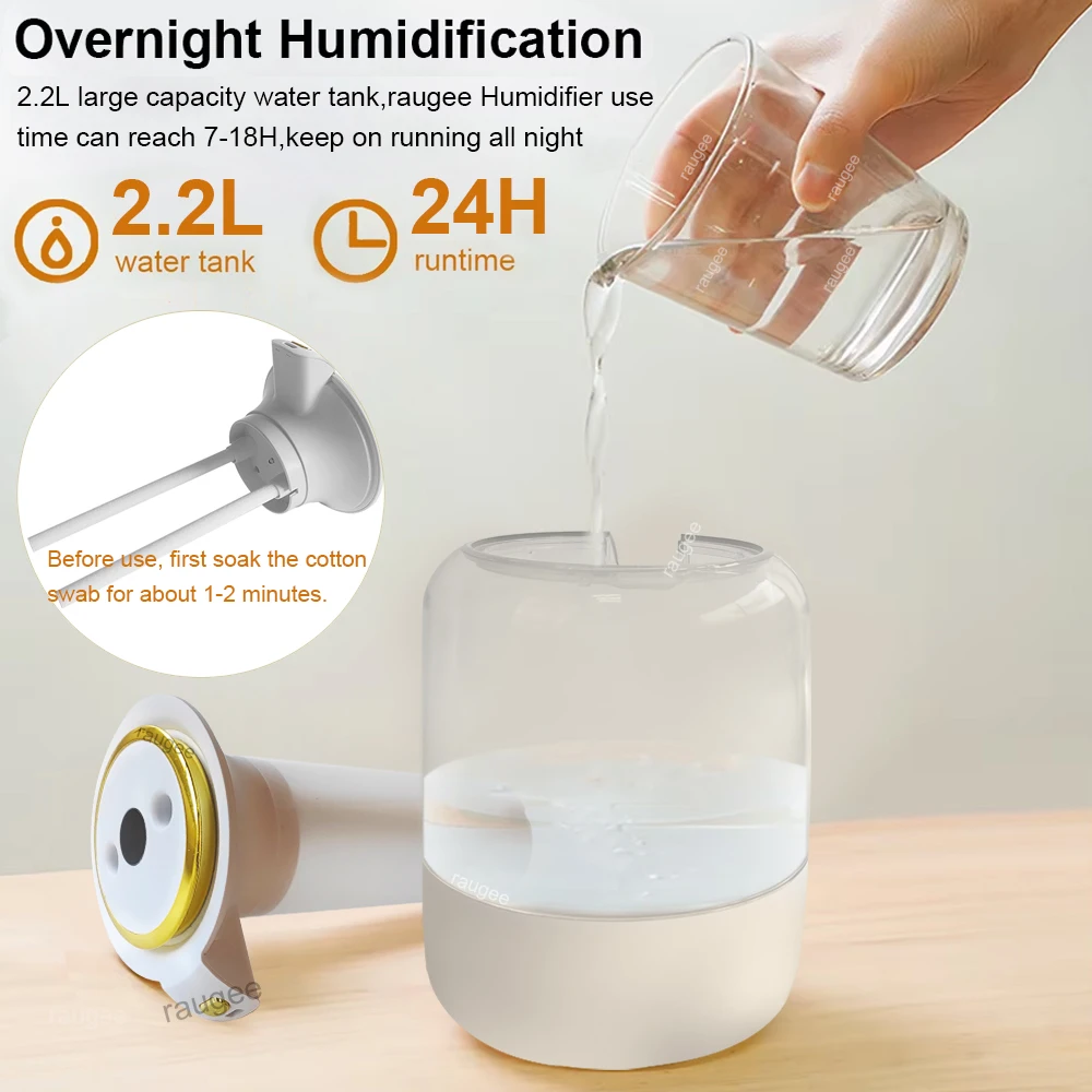 Air Humidifier 2.2L Large Capacity Home Humidifier Mute Mist Maker Double Nozzle Usb Humidifier for Bedroom with LED Night Light 4