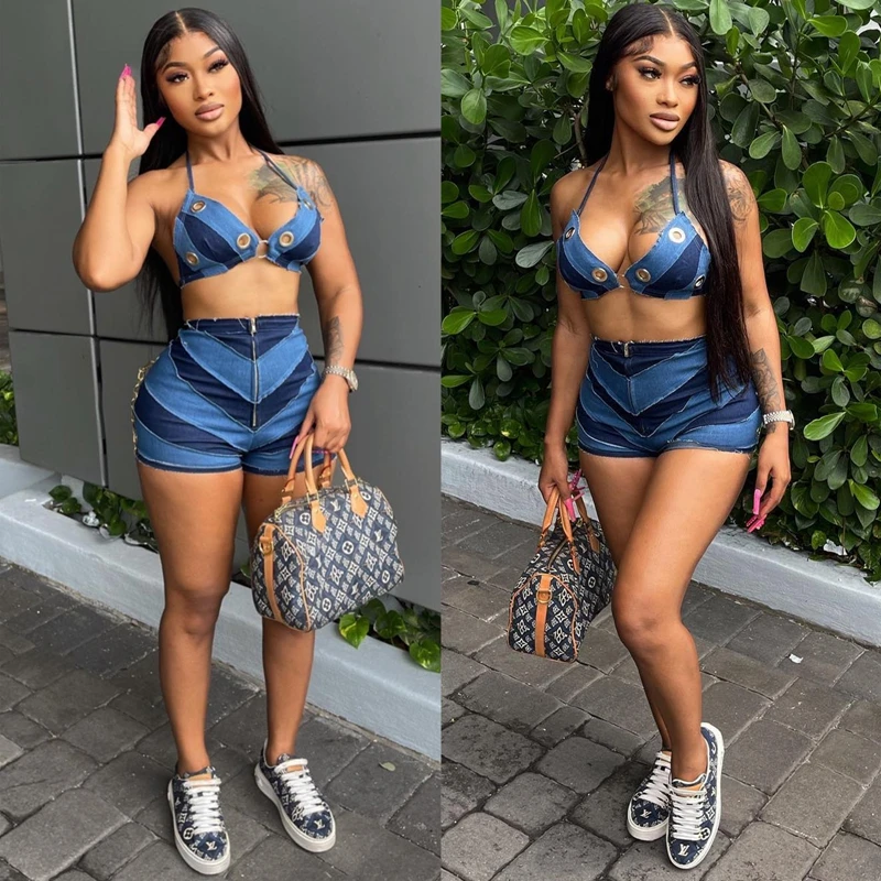 Y2K Denim Two Piece Set Woman Outfit Sexy Halter Bra Top and