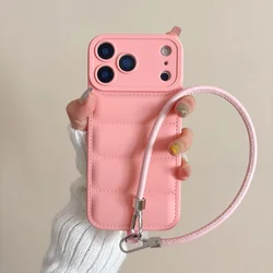 Luxury Wave Puffer Down Jacket Wrist Strap Phone Case - Solid Color Soft Cover - Pixel 3 XL (Pink)