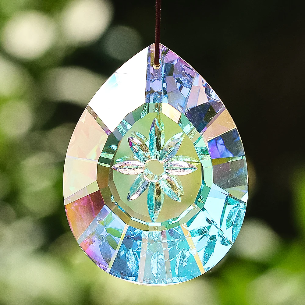 75mm Water Drop Crystal Engraved Snowflake Facete Glass Prism Sun Catcher for Indoor Hang Chandelier Light Gather Rainbow Maker