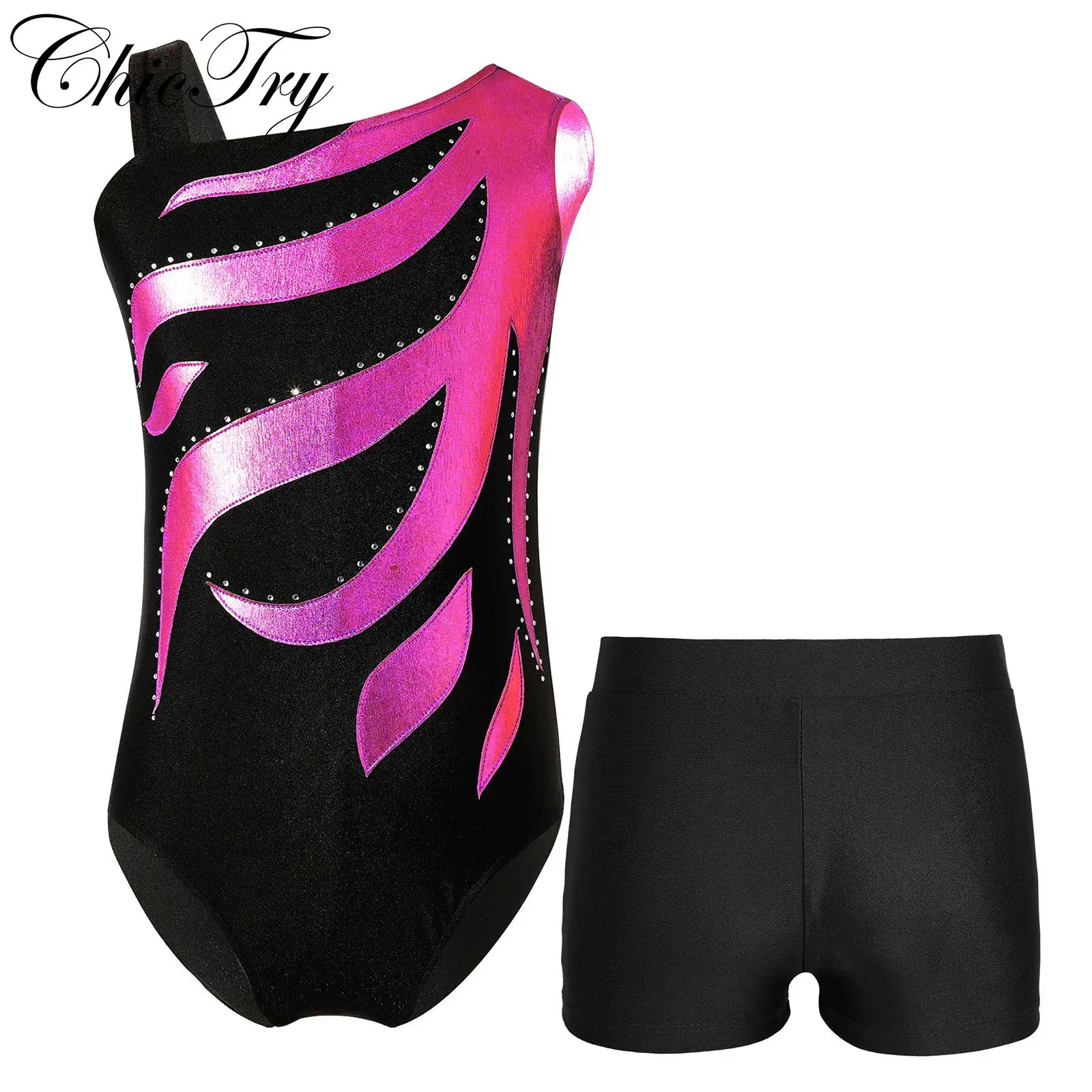 

Sleeveless Ballet Dance Sets for Kids Girls Rhinestone Figure Ice Skating Dance Gymnastics Workout Leotards with Shorts Bottoms