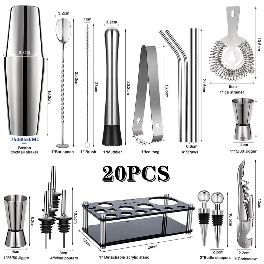 Boston Cocktail Shaker Set 20-Piece Bartender Kit for Home Bar Drink Wine Martini Mixer Cocktail Shaker Bartender Tool 550&750ML