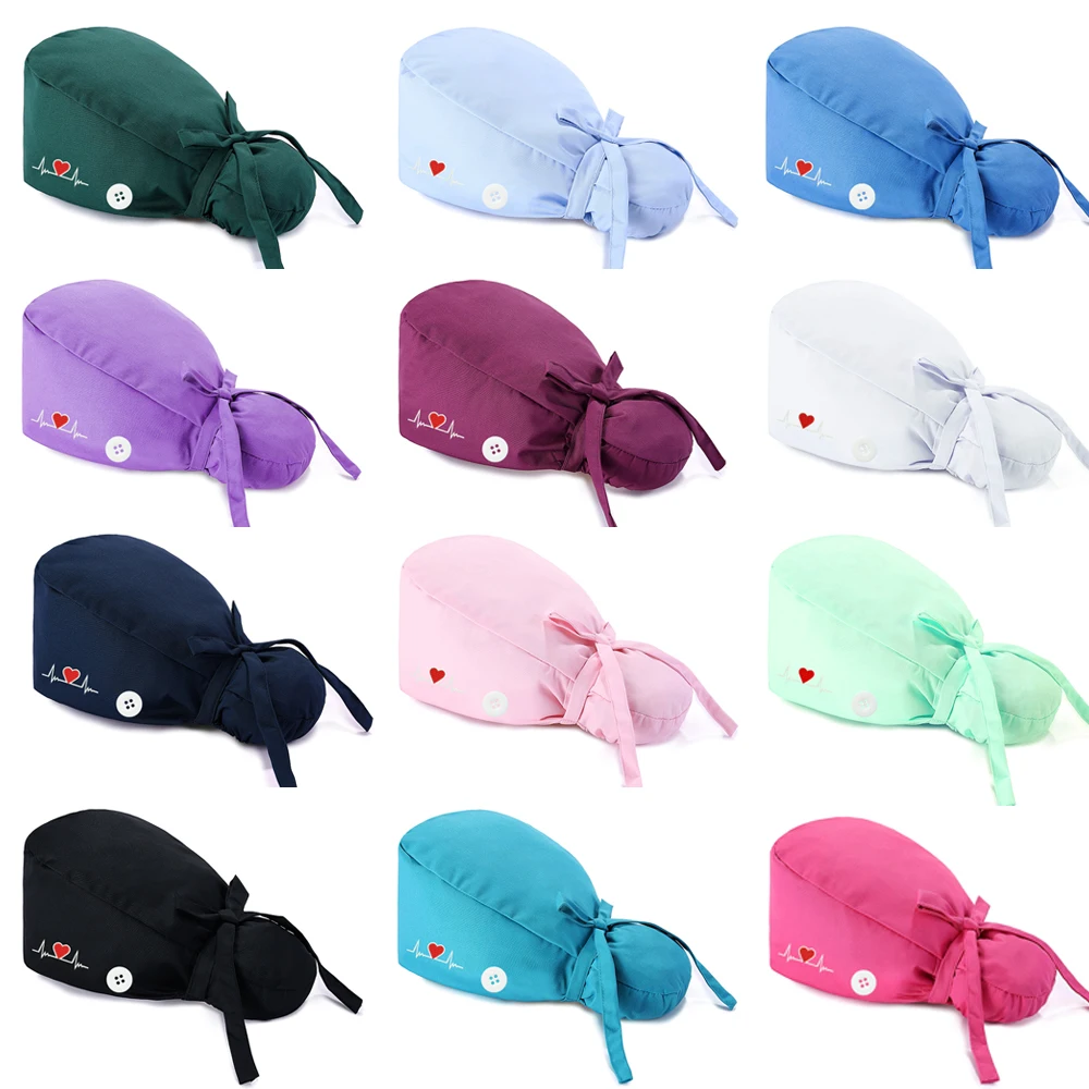 

Unisex Surgical Cap embroidery Women Long Hair Bouffant Hat With Sweatband Solid Adjustable Elastic Multicolor Scrubs Hats