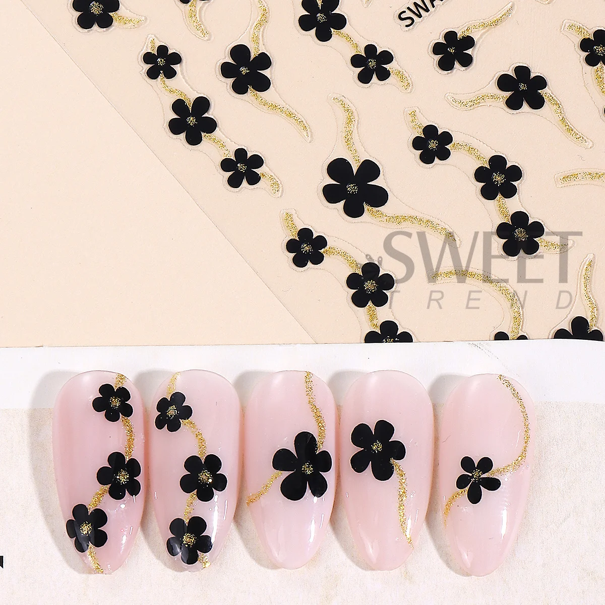 3개입 블랙 화이트 작은 꽃 네일 글리터 스티커 골드 실버 스월 라인 플로럴 디자인 접착 데칼 우아한 매니큐어 슬라이더