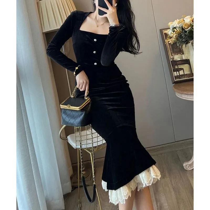 

Spring Autumn New Women's Solid Color Square Collar Lace Long Sleeve Fashion Elegant Slim Commuter Wrapped Hip Fishtail Dress