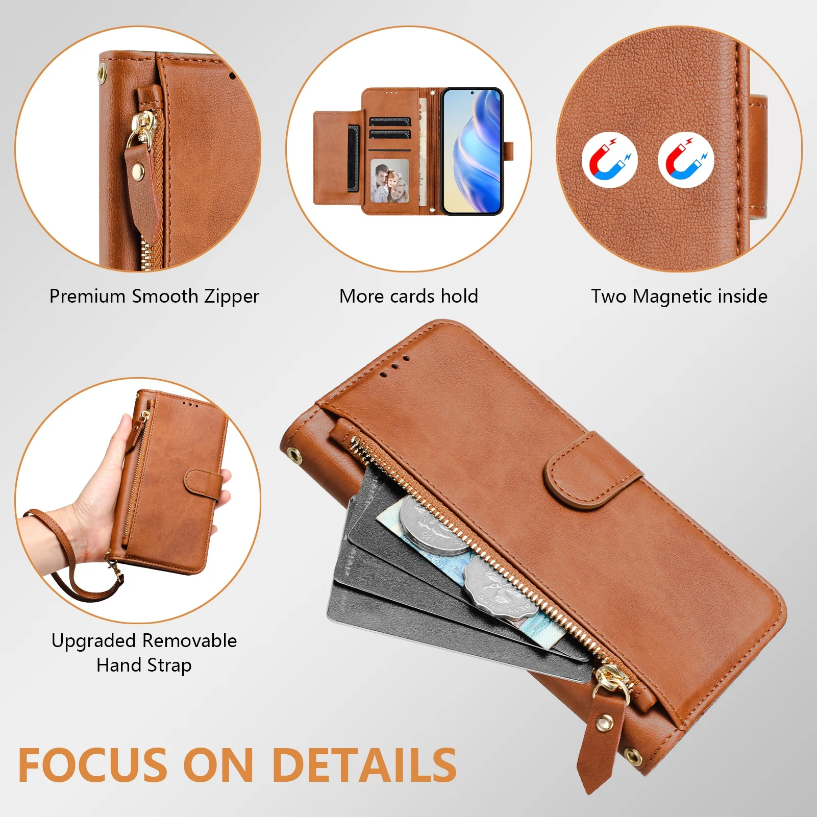 Luxurious Leather Wallet Phone Case with Strap and Zipper