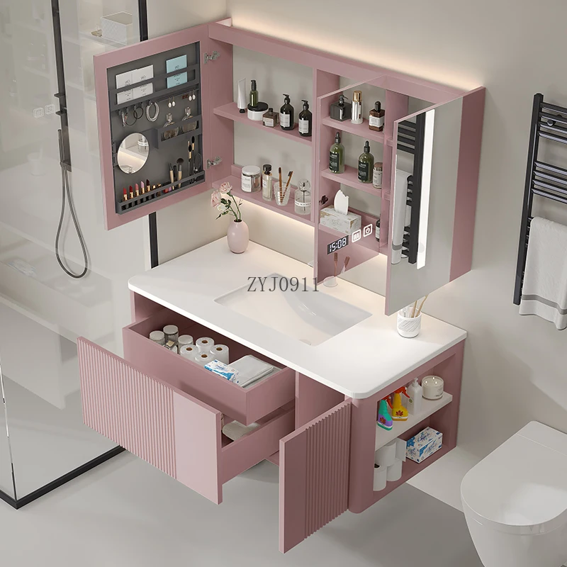 *Bathroom Cabinet Slate Seamless Integrated Washbasin Waterproof Smart Mirror French Washstand