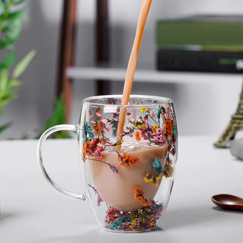 New Creative Double Wall Glass Mug Cup with Dry Flower Funny