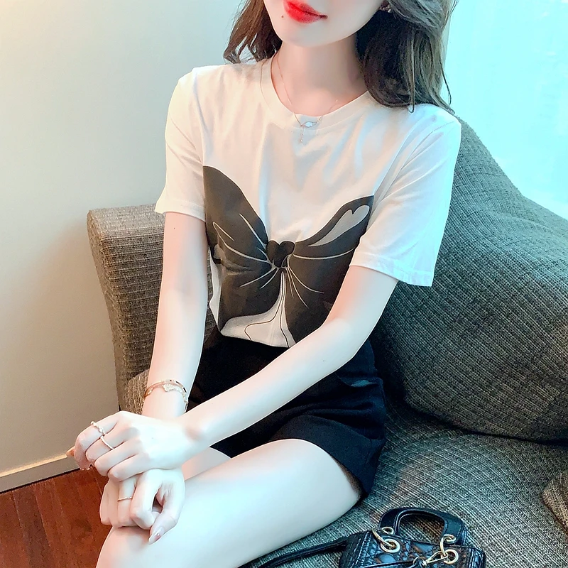 

Women's Summer Round Neck Bow Printed Pullover Short Sleeve Sweet Vacation T-shirt Fashion Loose Office Lady Prairie Chic Tops