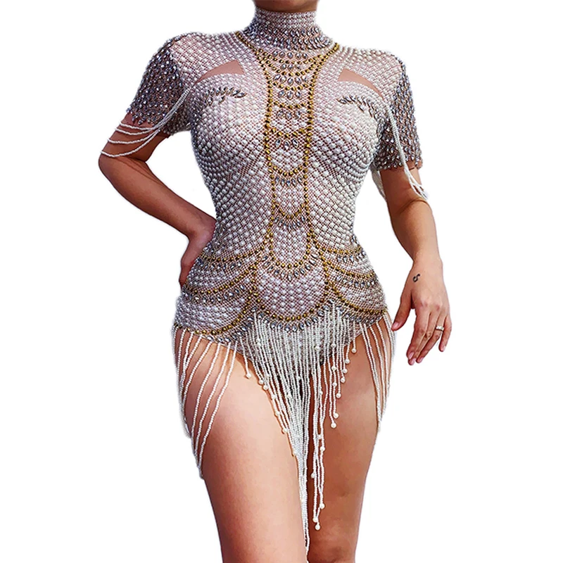 

Women Short Sleeves Diamond Pearls Bodysuit Sexy Pole Dance Fringes Leotards Nightclub Party Festival Outfit Gogo Costume XS4871