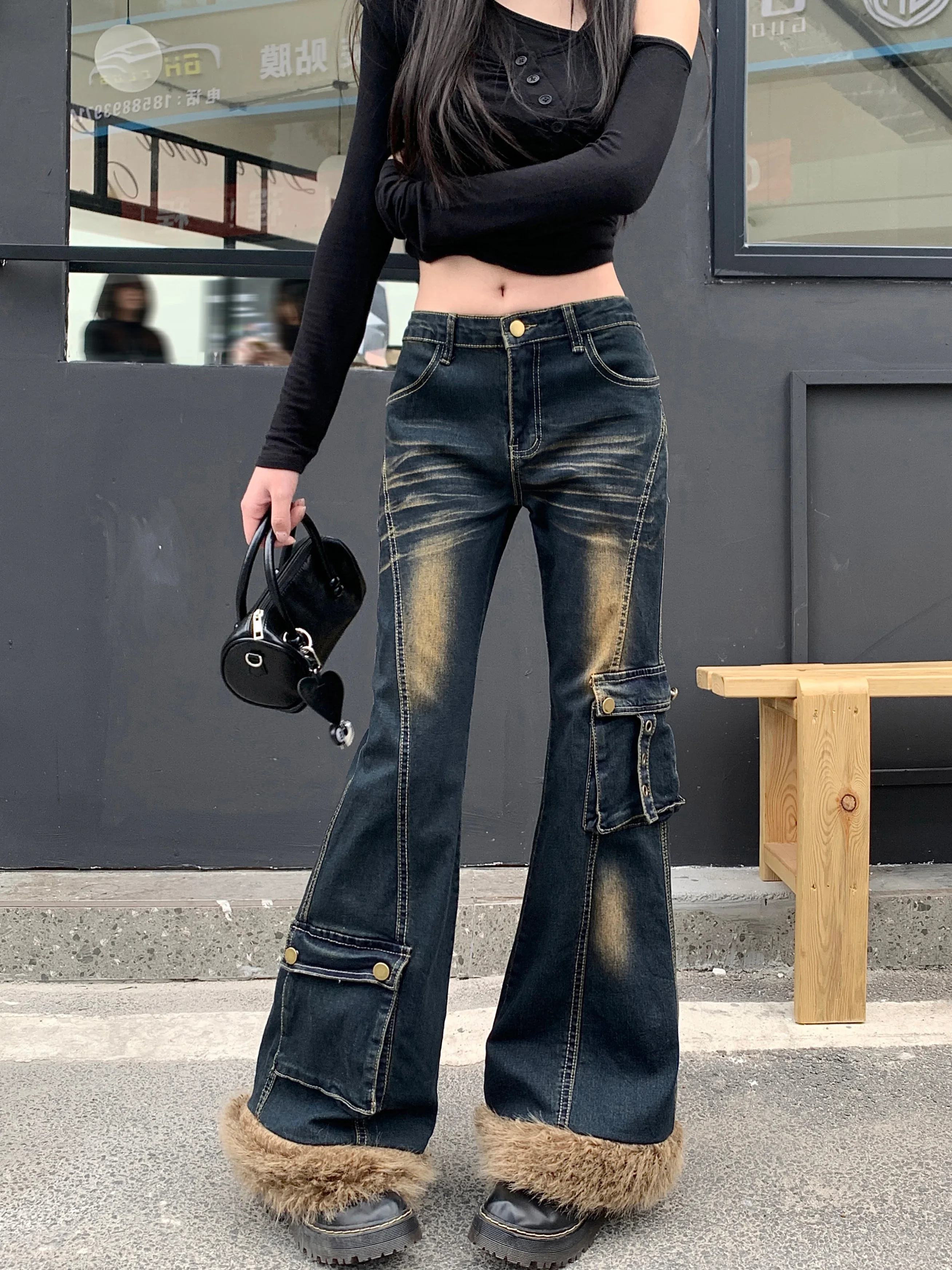 High Street Vintage Jeans Women Low Rise Y2K Faux Fur Denim Flare