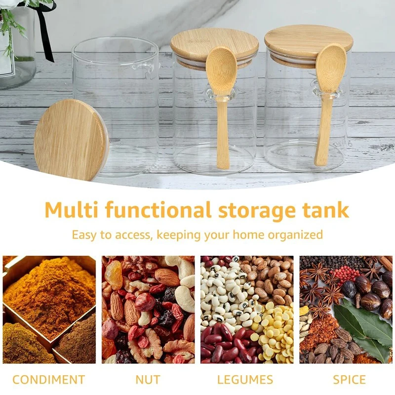 Pots En Verre Avec Couvercles Et Cuillère En Bambou, Récipient De Stockage Des Aliments Pour Café, Sucre, Pots De Flocons D'avoine De Nuit Pour Thé, Noix, Bonbons, Etc