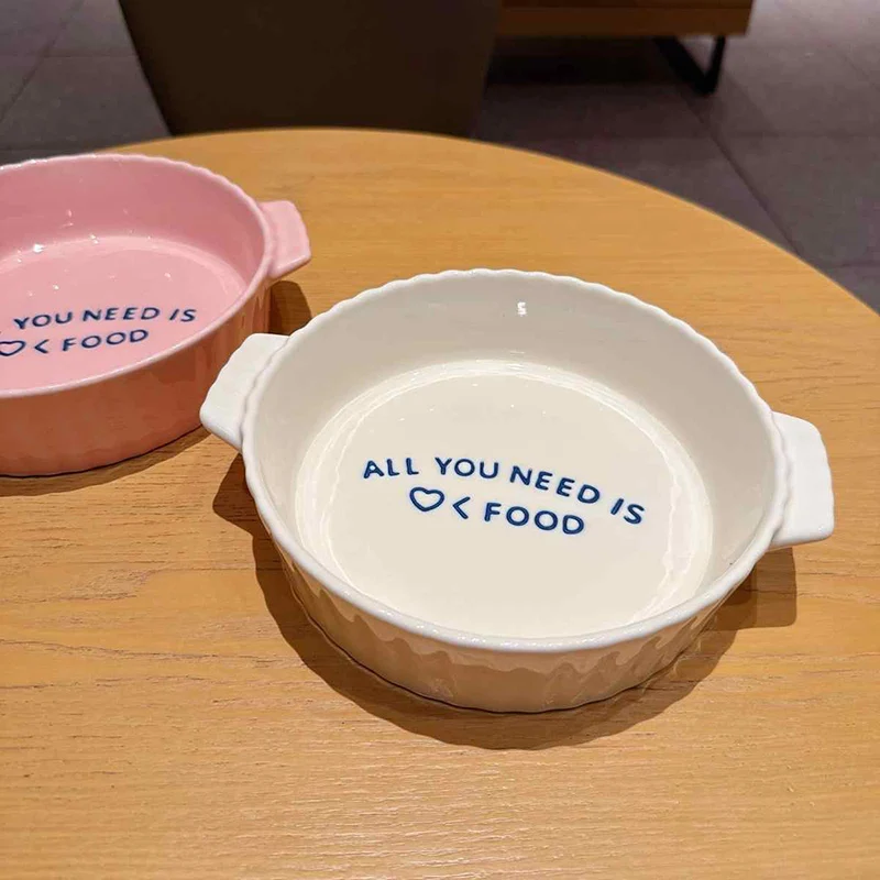 Cute Pink Binaural Ceramic Baking Tray Letter Printed Baked Rice Bowl Home Oven Tableware Bread Tray