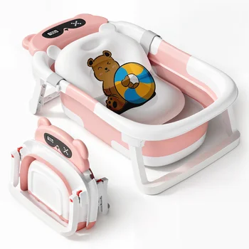 Baby Tub With Soft Cushion And Thermometer Foldable Baby Bathtub With Drain Hole Durable Foldable Baby Bath Tub Newborn To Toddl 1