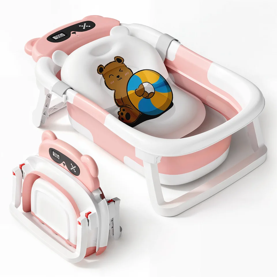 Foldable Baby Bath Tub with Soft Cushion and Thermometer