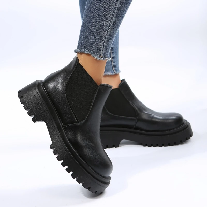 

Женская обувь 2023, модные женские ботинки, женские ботильоны на платформе, женские эластичные ботинки без шнуровки, с круглым носком, женская обувь на каблуке