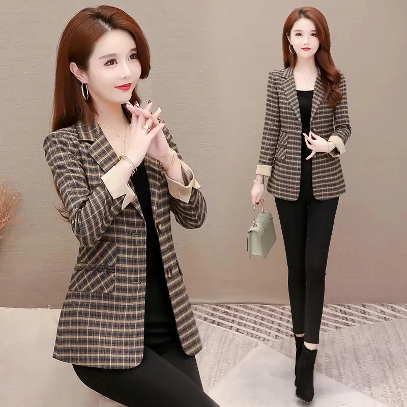 2024 Fashion Plaid Suit Women's Spring And Autumn Dress New Korean Version Of Western Style Joker Loose Large Size Casual Coat5X