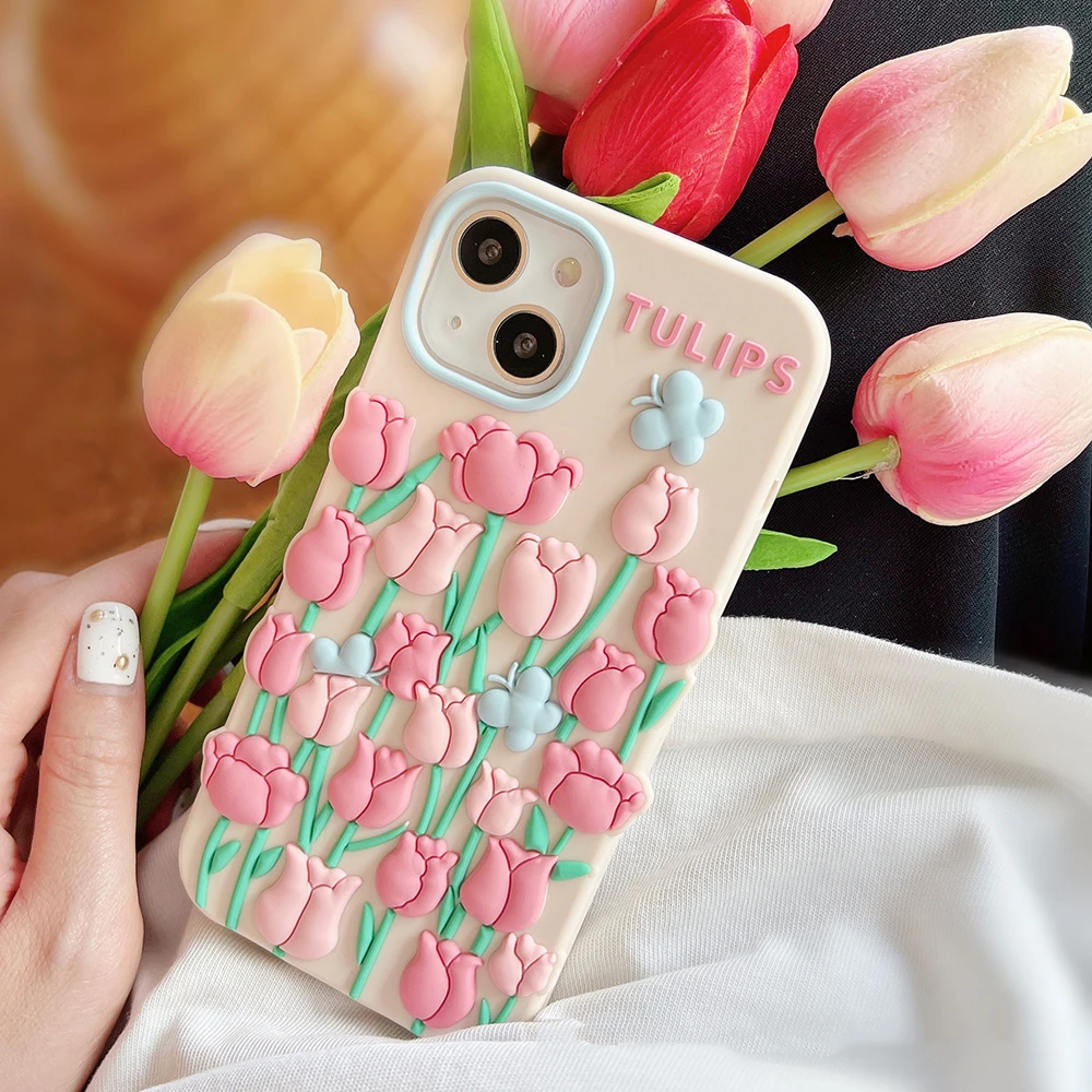 3d Lovely Pink Flower Floral Tulips Phone Case For Iphone 11 12 13 Pro