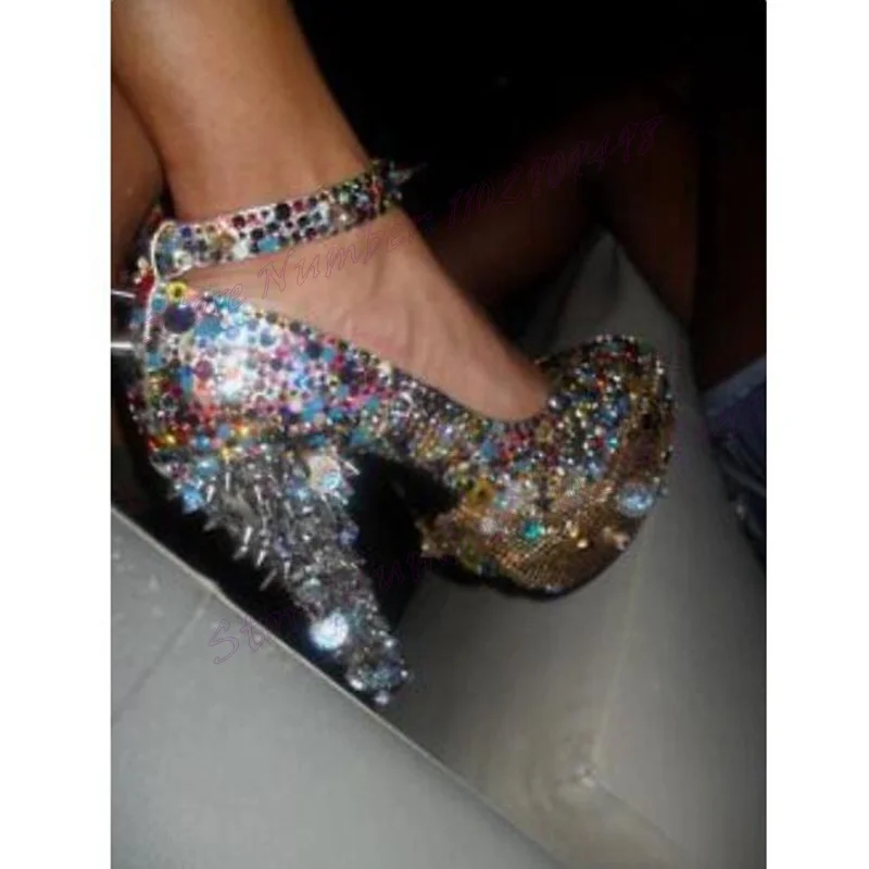 

Multicolor Rhinestone Rivet Decor Pumps Ankle Strap Platform Shoes for Women High Heels Luxury Shoes 2024 Zapatos Para Mujere