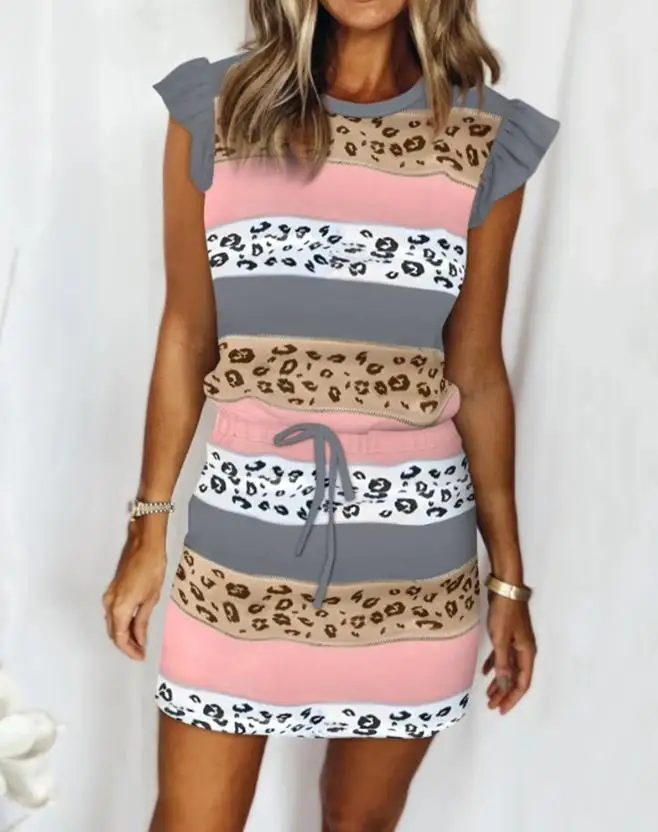 

Women's Dress 2024 Summer Fashion New Style Striped Colorblock Flutter Sleeve Casual Dress Elegant Dresses for Women