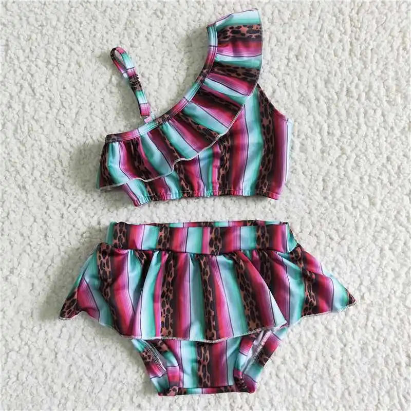 

Baby Girl Summer One Shoulder Stripe Leopard Bathing Suit Kids Bikini Swimsuit Swimwear Skirt Shorts Infant Outfit Toddler Set