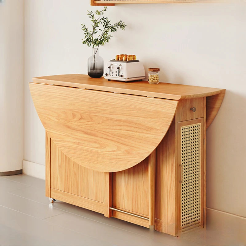 

Nordic natural wood color small unit with retractable and foldable circular dining table, modern pure solid wood without