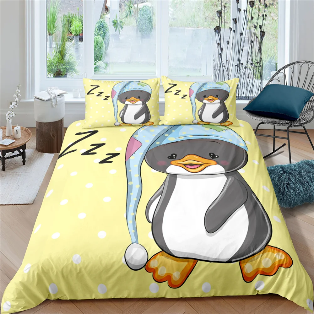 

Cartoon Penguin King Queen Duvet Cover Cute Animals Bedding Set For Kids Boys Girls Wildlife Yellow 2/3pcs Polyester Quilt Cover
