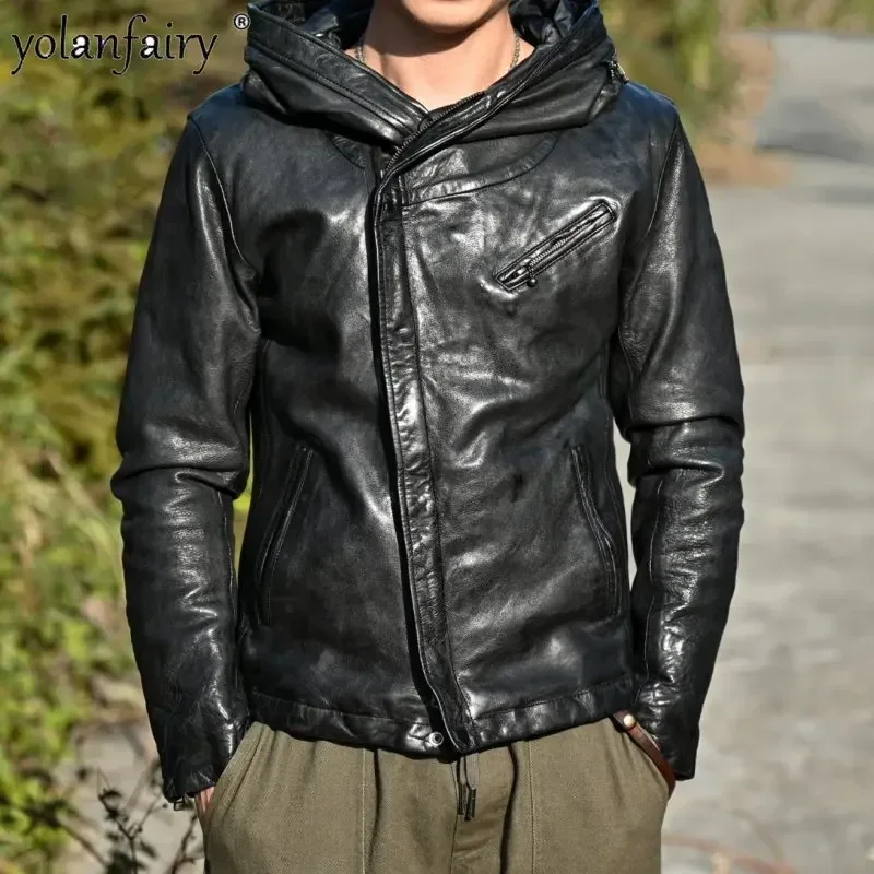 

2023 New Genuine Leather Jacket Men Top Layer Sheepskin Coat Male Washable Wrinkled Hooded Uncoated Slim Men's Leather Jacket FC