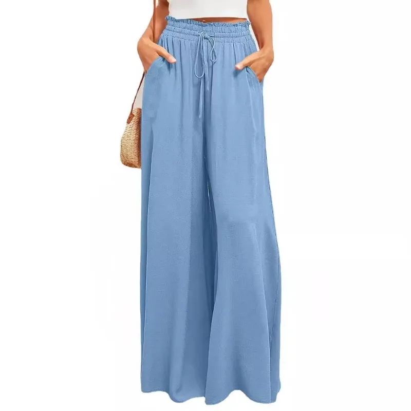 Spring Summer Casual High Waist Wide Leg Pants with Elastic Waistband Solid Loose Holiday Fashion Women Plus Size Long Trousers