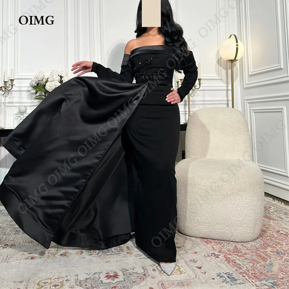 

OIMG Black Saudi Arabic Satin Evening Dresses Shiny Sequins Ankle Length Dubai Women Party Gowns Formal Prom Dresses 2024