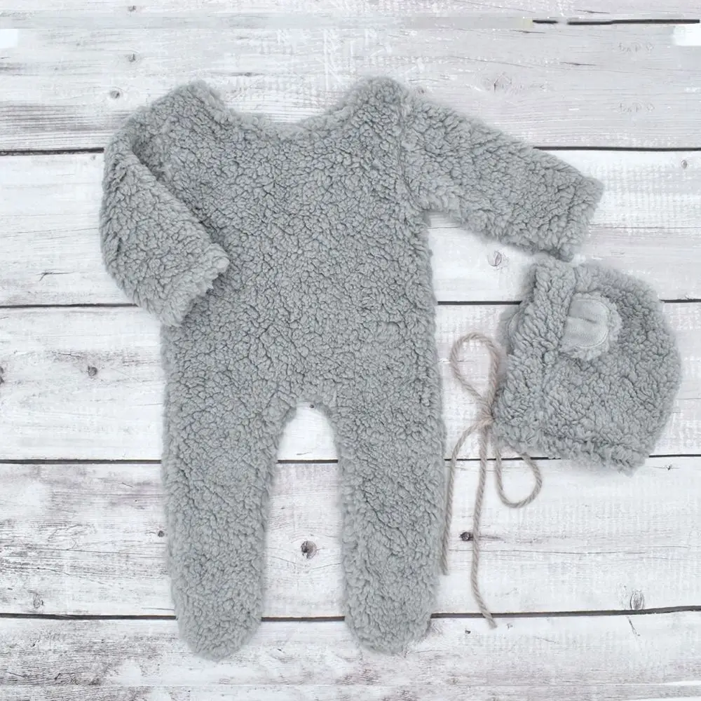 Creative Newborn Photography Props Bear Design Soft Knit Newborn Photoshoot Outfit Bear Ear Hat Footed Romper