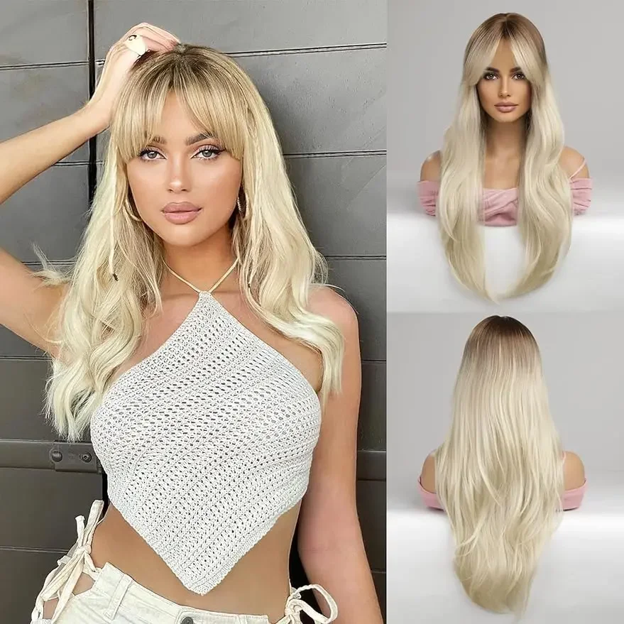 Light Blonde Wig with Fringe - Ombre Platinum Blonde Wigs for Women, Long Straight Wavy , Best for Fancy Dress/Cosplay/Party