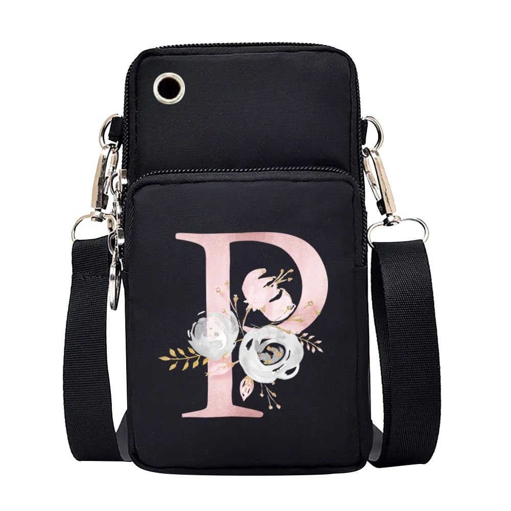 Waterproof Mobile Phone Bag for Iphone/huawei/xiaomi/samsung Universal Pink Flower 26 Letters Cell Phone Case Women Wrist Pack