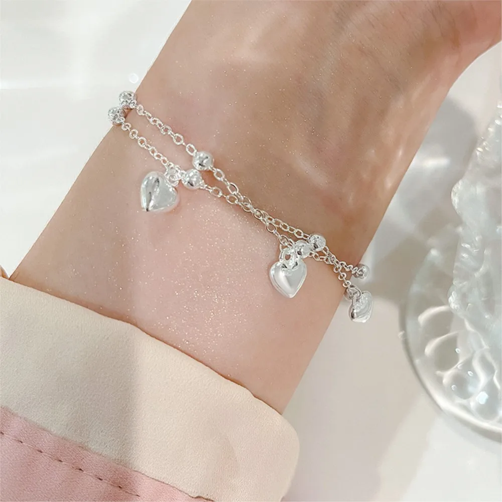 Silver Color Double Layer Love Heart Beads Chain Chain Bracelet for Womem Trendy Cute Peach Bracelet Party Jewelry Gifts