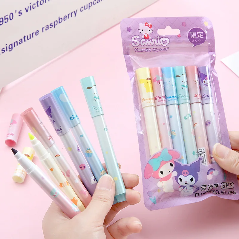 Sanrio Anime Highlighter Hello Kitty Cinnamoroll Light Color Marker Pen Color Marker Pen Student with Painting Graffiti Pen Set 300 pcs hello my name is signature sticker graffiti sticker label paper school stationery label clipping supplies