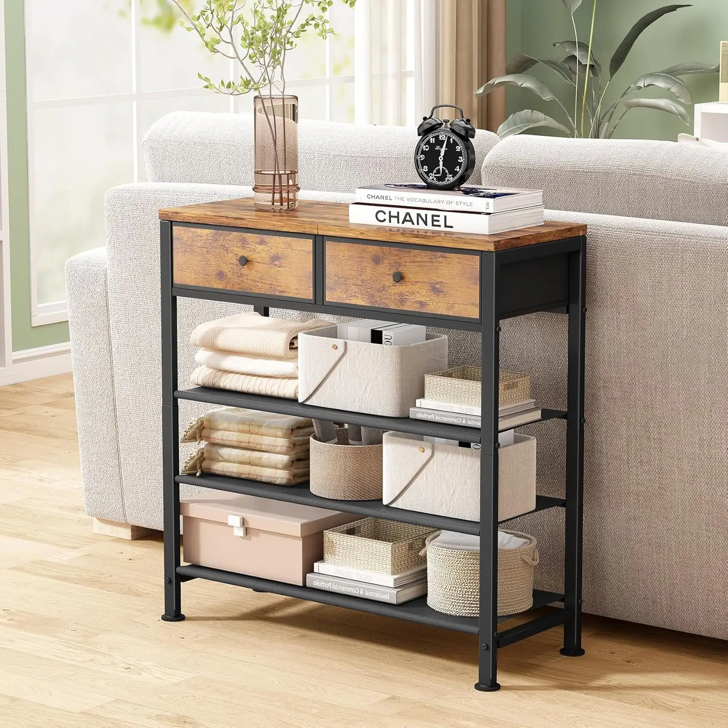 Shoe Rack, 4 Tier Shoe Organizer for 9-12 Pairs of Shoes, with 2 Drawers, 3 Fabric Shelves and Wooden Top 4