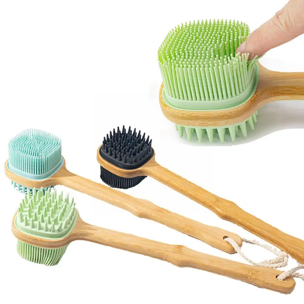 

Silicone Brush Head Back Scrubber Shower Brush With Massage Tool Skin Exfoliating Body Cleaning Wooden Long Handle Dry R9T8
