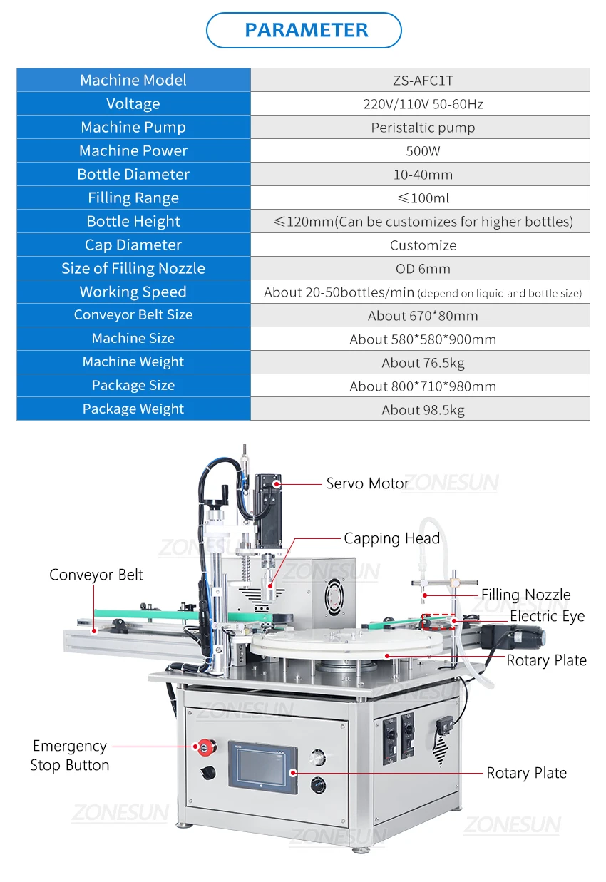 ZONESUN ZS-AFC1T Automatic Rotary Liquid Peristaltic Pump Filling and Capping Machine