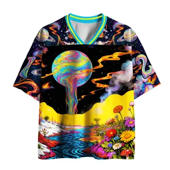 Psychedelic universe planet print V-neck mesh jersey rainbow flower mushroom short sleeved T-shirt for both boys and girls 1