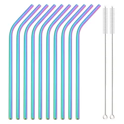Set of 12 Rose Stainless Steel Reusable Straws with Cleaning Brush - Elegant Metal Drinking Accessories (Rainbow)