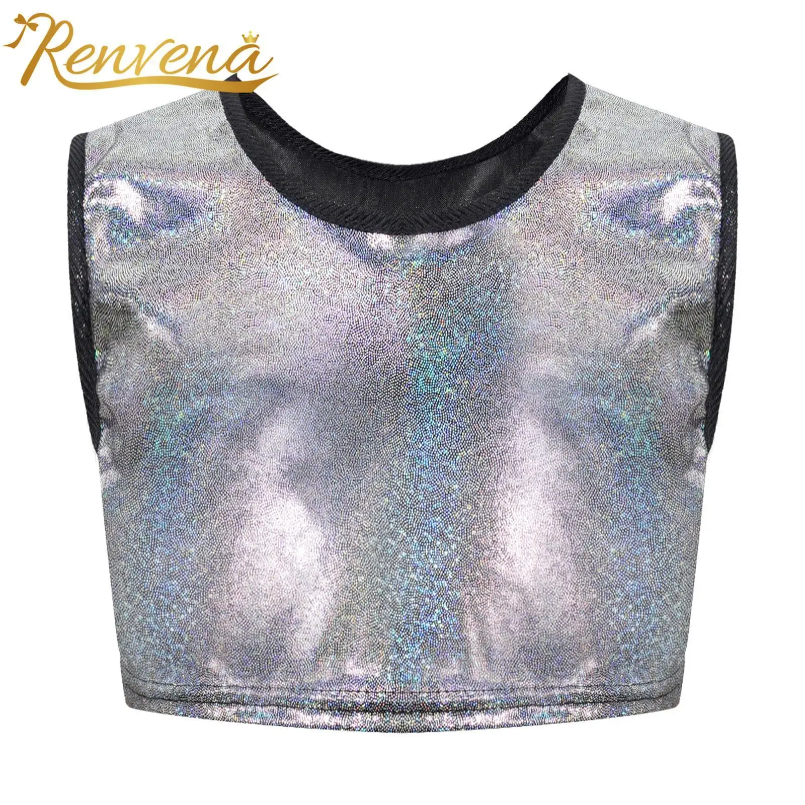 Kids Girls and Boys Glittering Crop Tops Fashion Metallic Sleeveless Short Dance Tops for Jazz Hiphop Tanks Vest Children's Tops