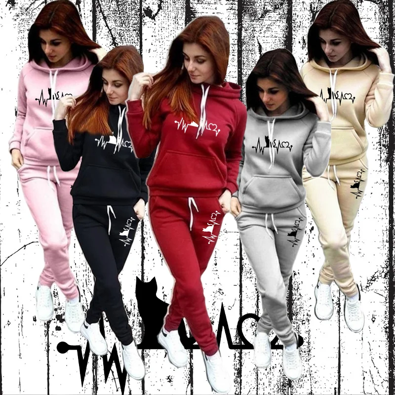 Modischer Kapuzenpullover für Herbst und Winter, lässiger Outdoor-Anzug für Damen, Sportbekleidung + Jogging-Sporthose_voghion.com