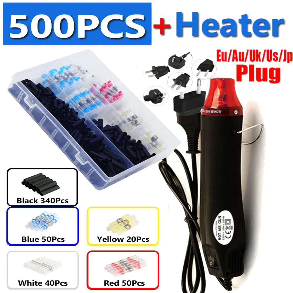 500Pcs Waterproof Heat Shrink Butt Crimp Terminals Solder Seal Electrical Wire Cable Splice Kit Hot Air Gun For Wire Connector 500pcs waterproof heat shrink butt crimp terminals solder seal electrical wire cable splice kit hot air gun for wire connector