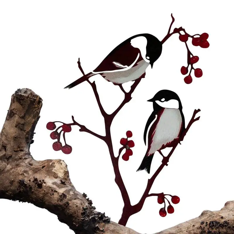 

Elegant Garden Design Metal Birds Chickadees & Berries Stake For Flower Pot Decor Metal Bird Tree Art Garden Backyard Patio